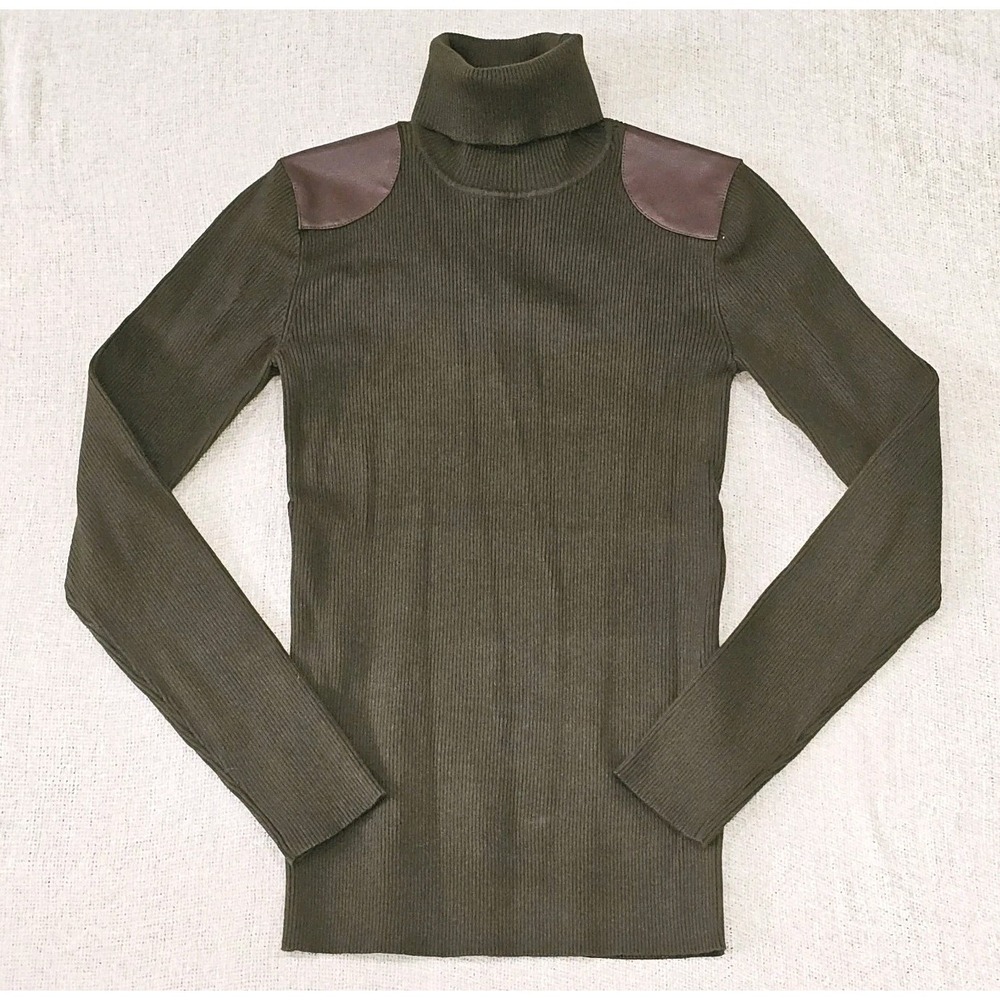 EUC Lauren  Ralph Lauren Womens Small Olive Faux‎ Leather Trim Ribbed Turtleneck